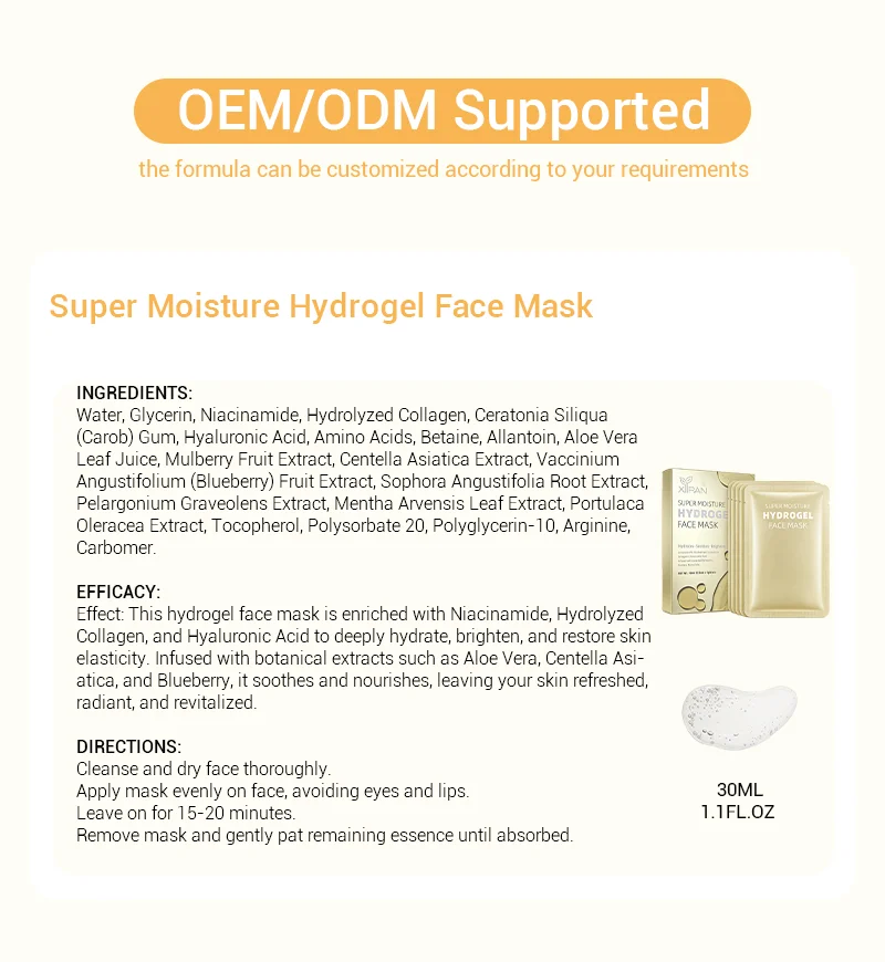 Details and ingredients of the Super Moisture Hydrogel Face Mask, highlighting its customizable OEM/ODM support and hydrating components.